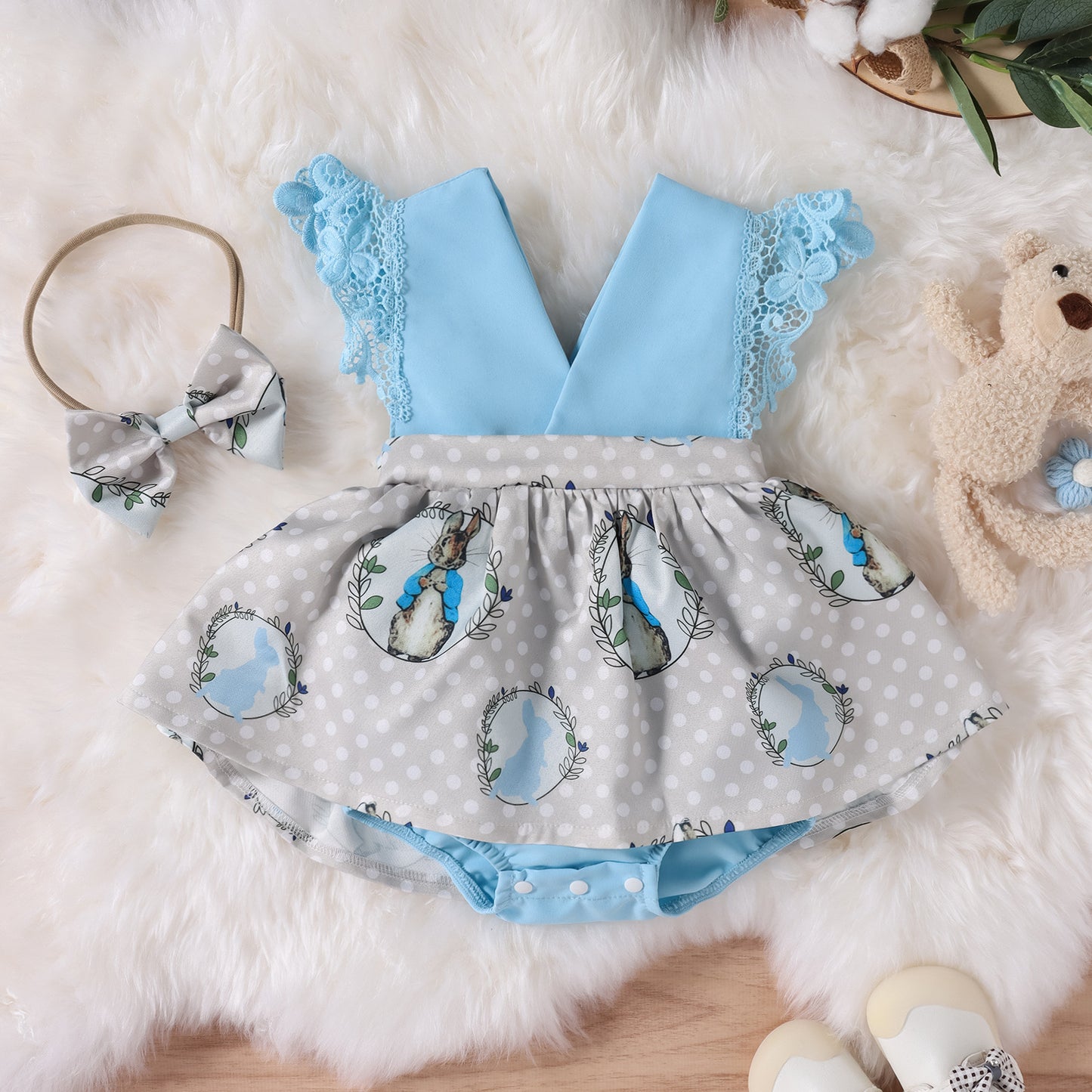 Baby Girl Ruffled Lace Cartoon Romper Dress with Headband – Blue