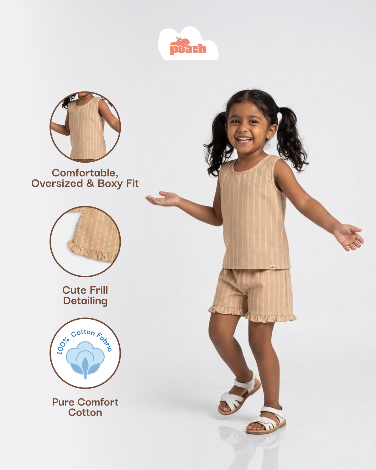 Classic Striped Coord Set for Girls (Beige)