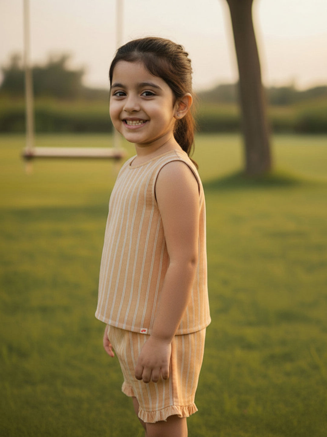 Classic Striped Coord Set for Girls (Beige)
