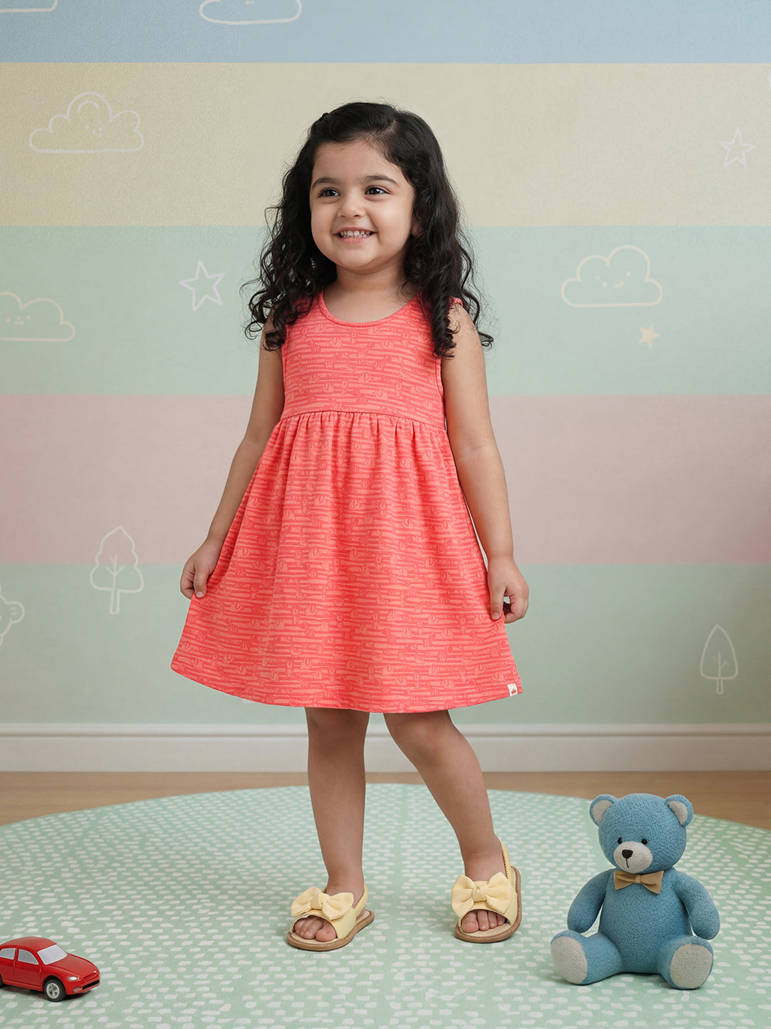 Animals in a Line Cross Back Dress for Girls (Pink)