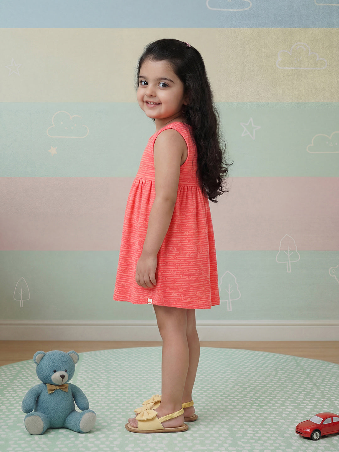 Animals in a Line Cross Back Dress for Girls (Pink)