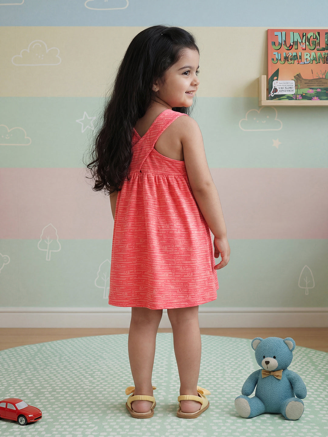 Animals in a Line Cross Back Dress for Girls (Pink)