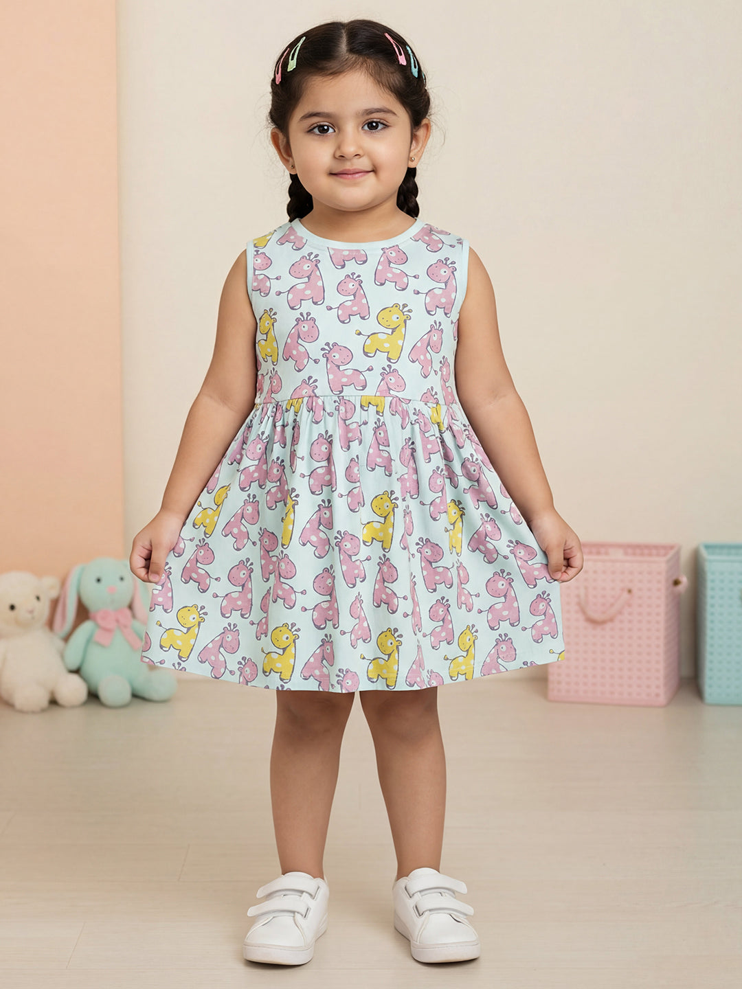 Breezy Day Printed Sleeveless Dress for Girls (Sky Blue)
