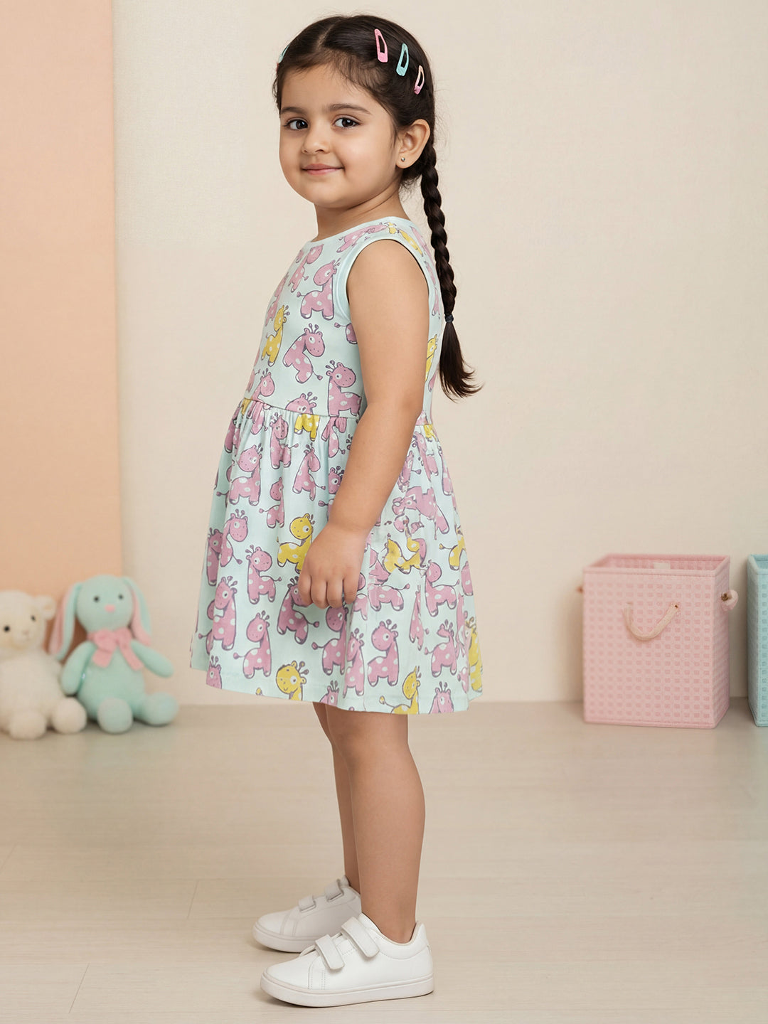 Breezy Day Printed Sleeveless Dress for Girls (Sky Blue)