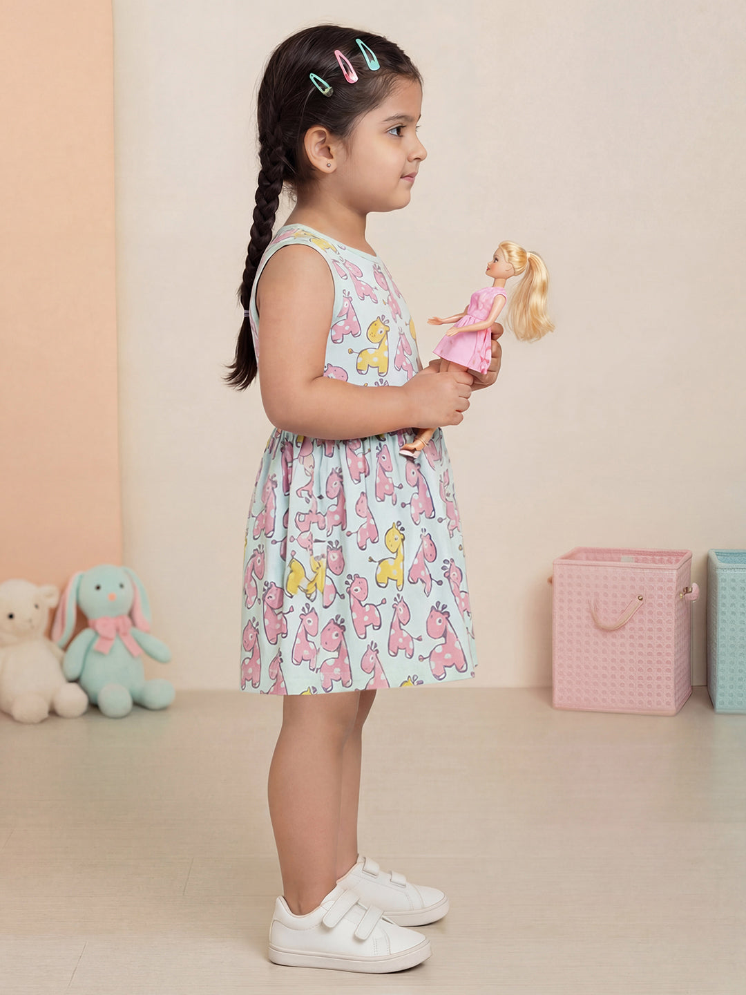 Breezy Day Printed Sleeveless Dress for Girls (Sky Blue)