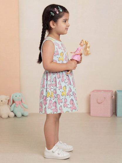 Breezy Day Printed Sleeveless Dress for Girls (Sky Blue)