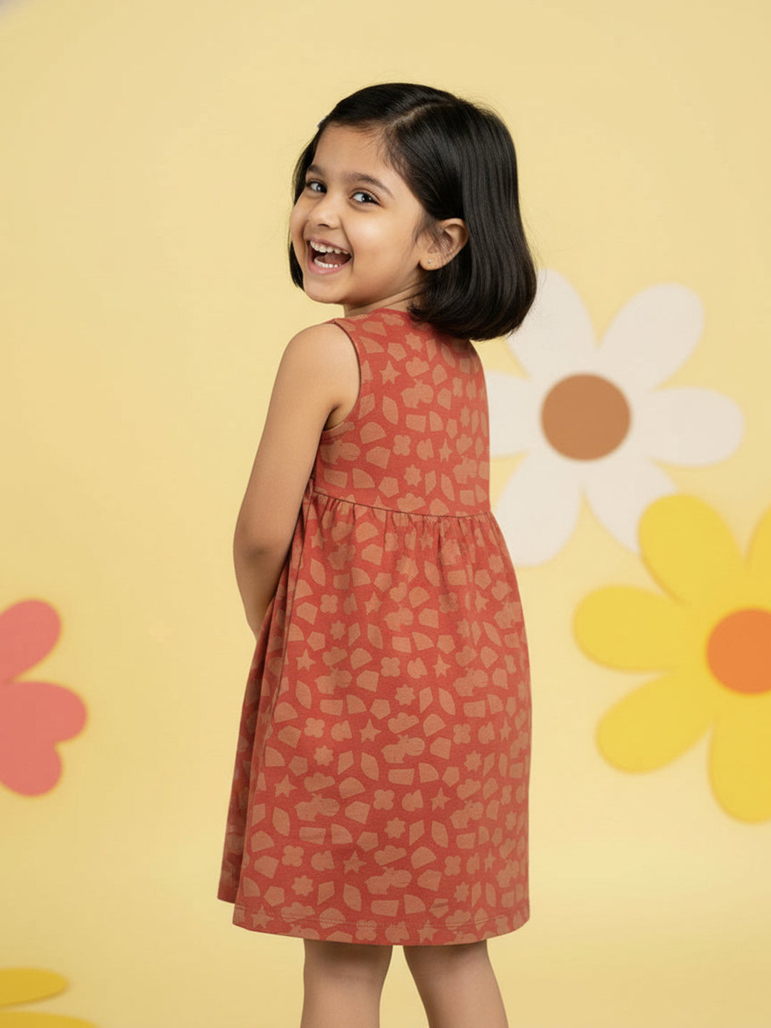 Breezy Day Printed Sleeveless Dress for Girls (Rust)