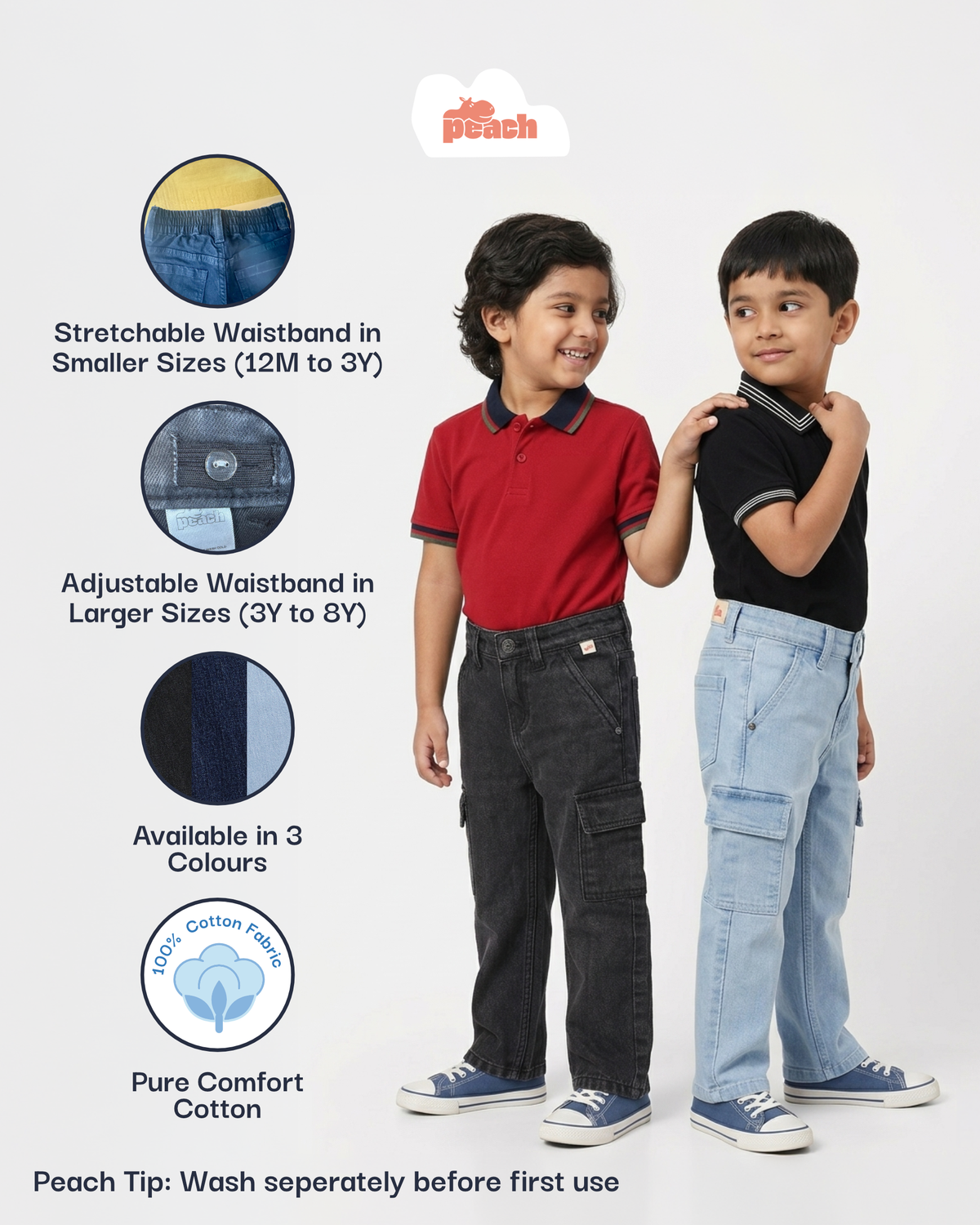 Black 100% Cotton Functional and Stylish Cargo Jeans for Boys