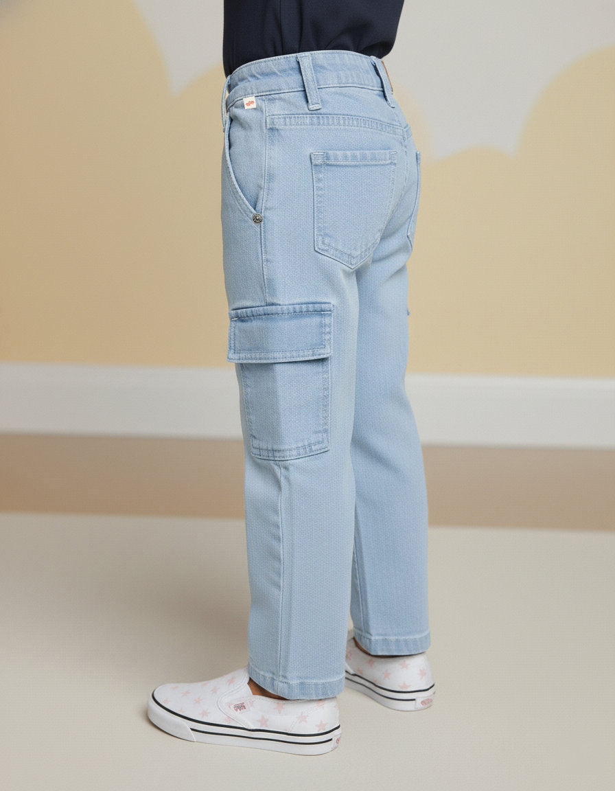 Light Blue 100% Cotton Functional and Stylish Cargo Jeans for Boys
