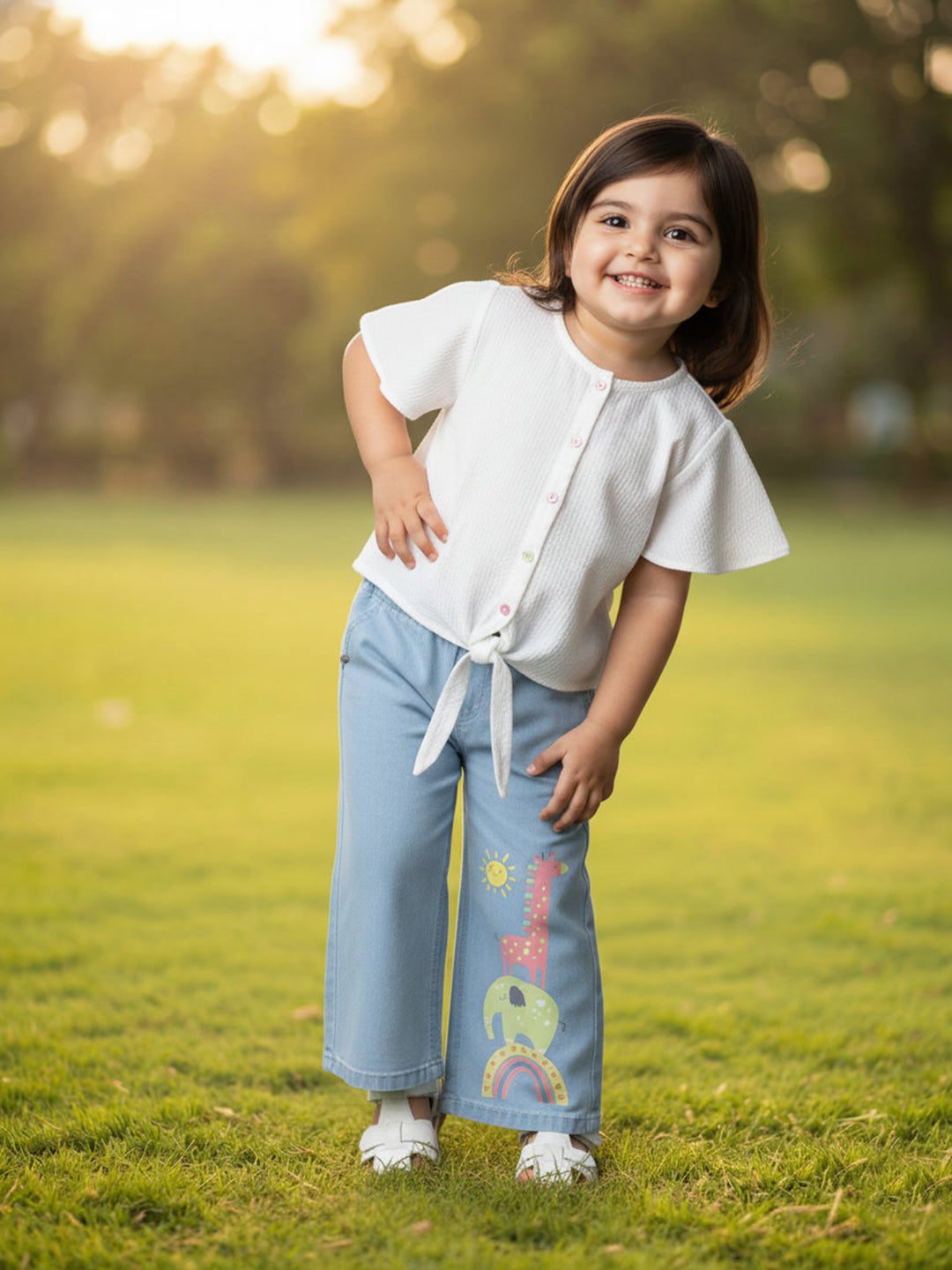 Sky Blue 100% Cotton Wide Leg Animal Printed Jeans for Girls