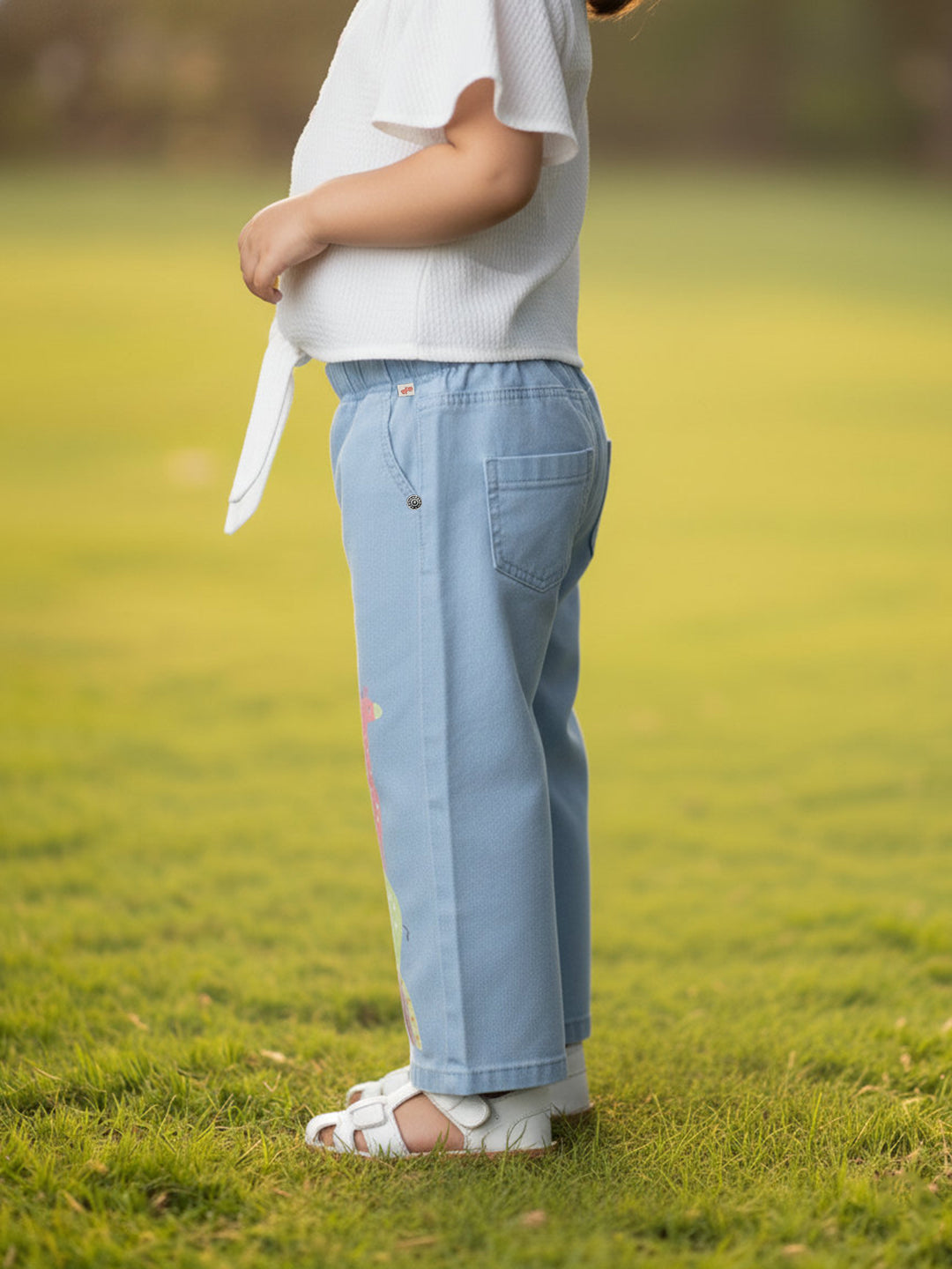 Sky Blue 100% Cotton Wide Leg Animal Printed Jeans for Girls