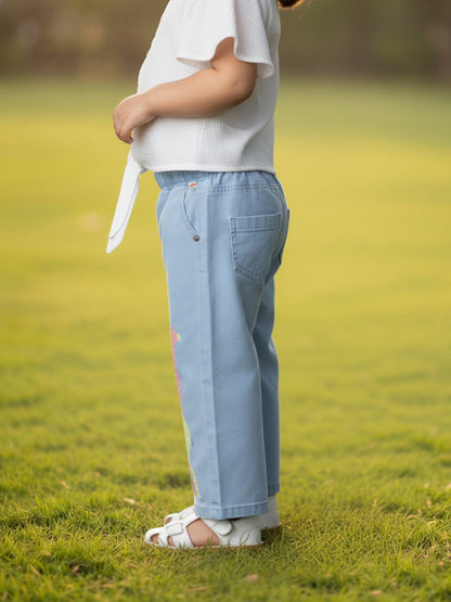 Sky Blue 100% Cotton Wide Leg Animal Printed Jeans for Girls