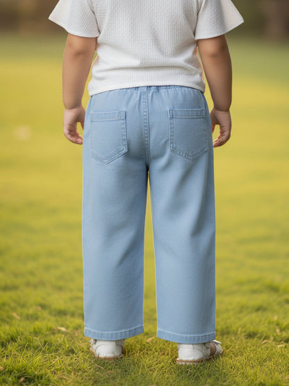 Sky Blue 100% Cotton Wide Leg Animal Printed Jeans for Girls