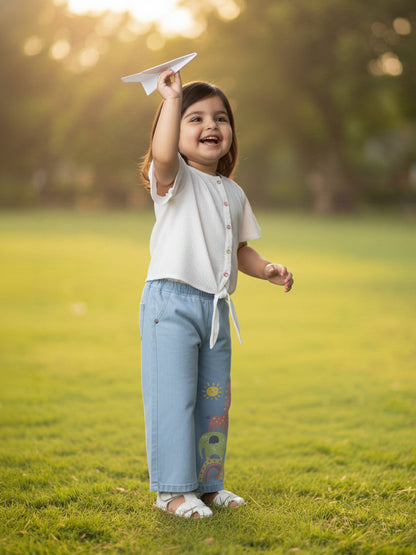 Sky Blue 100% Cotton Wide Leg Animal Printed Jeans for Girls