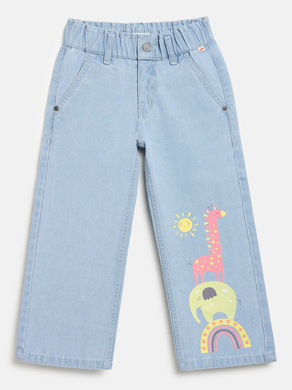 Sky Blue 100% Cotton Wide Leg Animal Printed Jeans for Girls