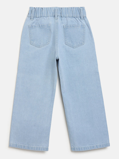 Sky Blue 100% Cotton Wide Leg Animal Printed Jeans for Girls