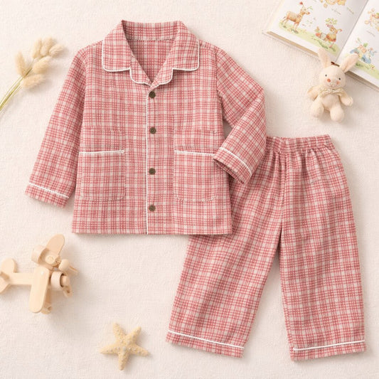 Peach Check Cotton Night Suit | Soft Full Sleeve Sleepwear Set