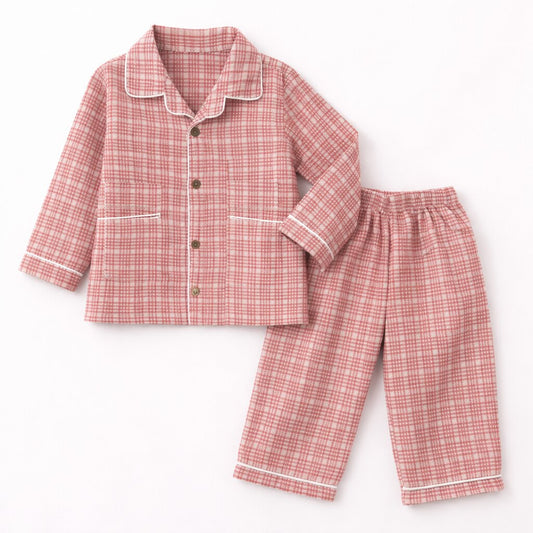 Peach Check Cotton Night Suit | Soft Full Sleeve Sleepwear Set