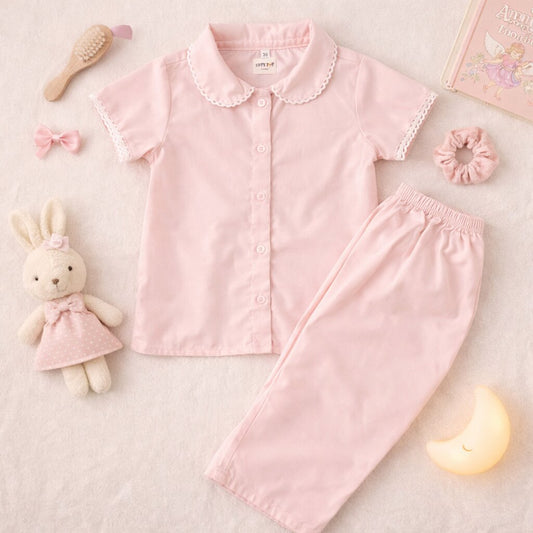 Peach Cotton Co-ord Set with Lace Collar | Shirt & Pants Daywear Outfit for kids