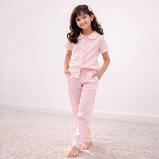 Peach Cotton Co-ord Set with Lace Collar | Shirt & Pants Daywear Outfit for kids