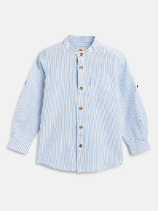 The Timeless Roll-up Sleeve Shirt for Boys (Blue and White Stripes)