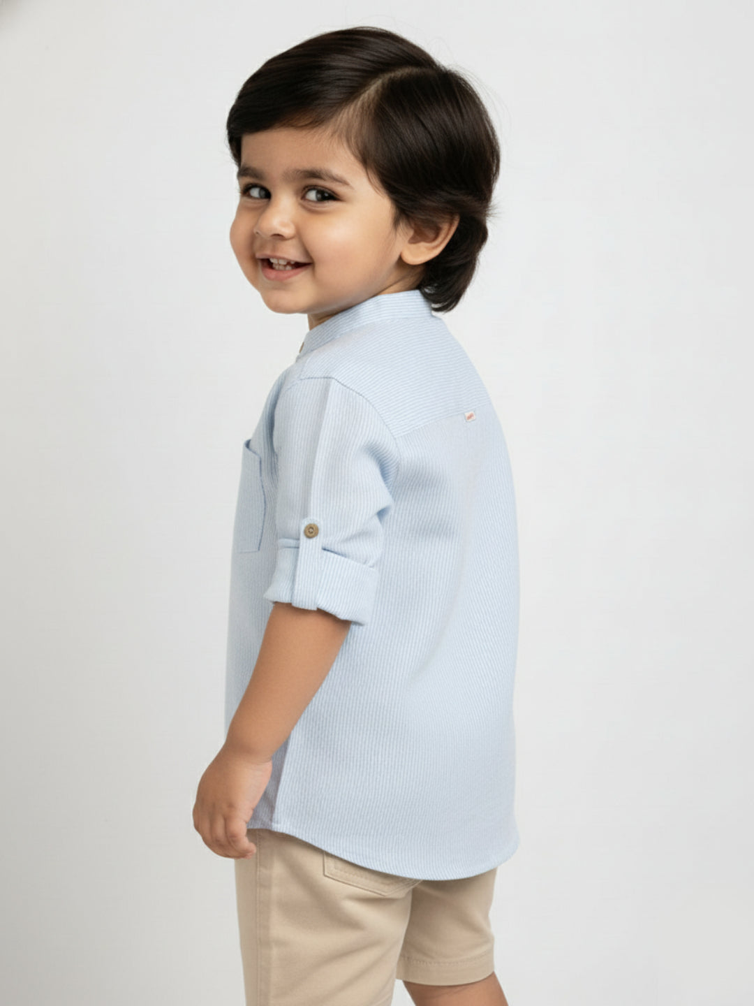 The Timeless Roll-up Sleeve Shirt for Boys (Blue and White Stripes)