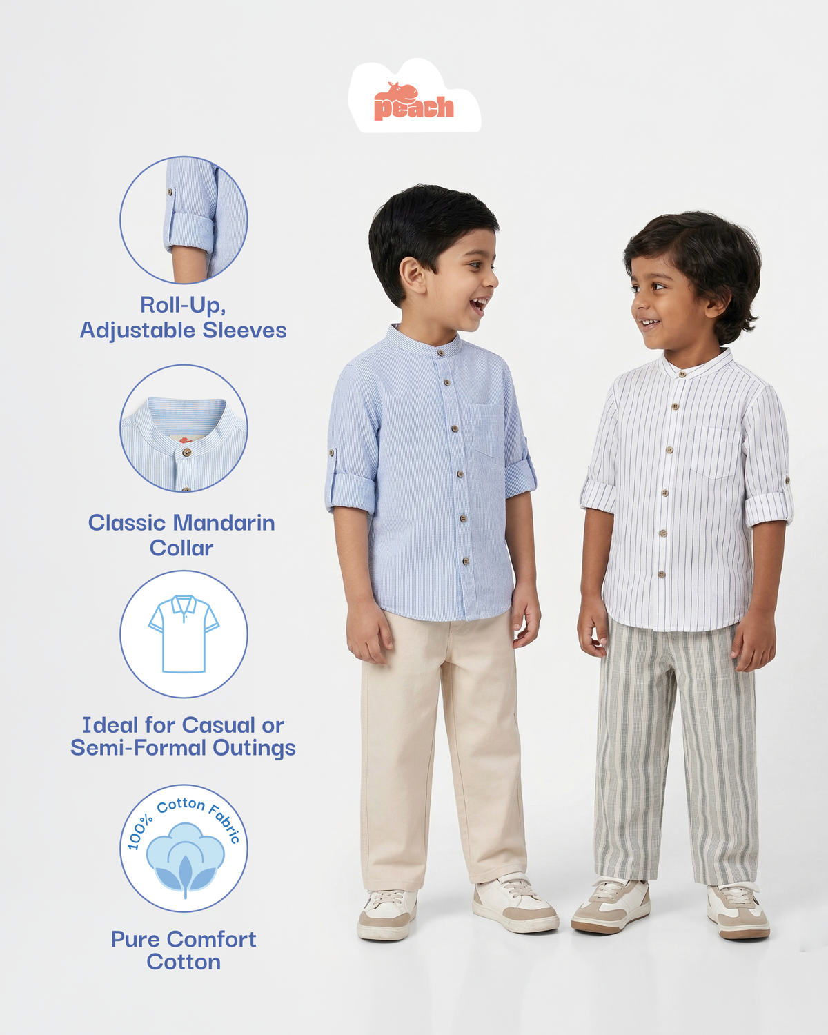 The Timeless Roll-up Sleeve Shirt for Boys (Blue and White Stripes)