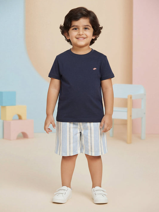 Long Summer Shorts Striped Shorts for Boys (Cream and Blue)