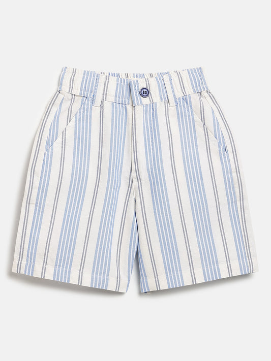 Long Summer Shorts Striped Shorts for Boys (Cream and Blue)
