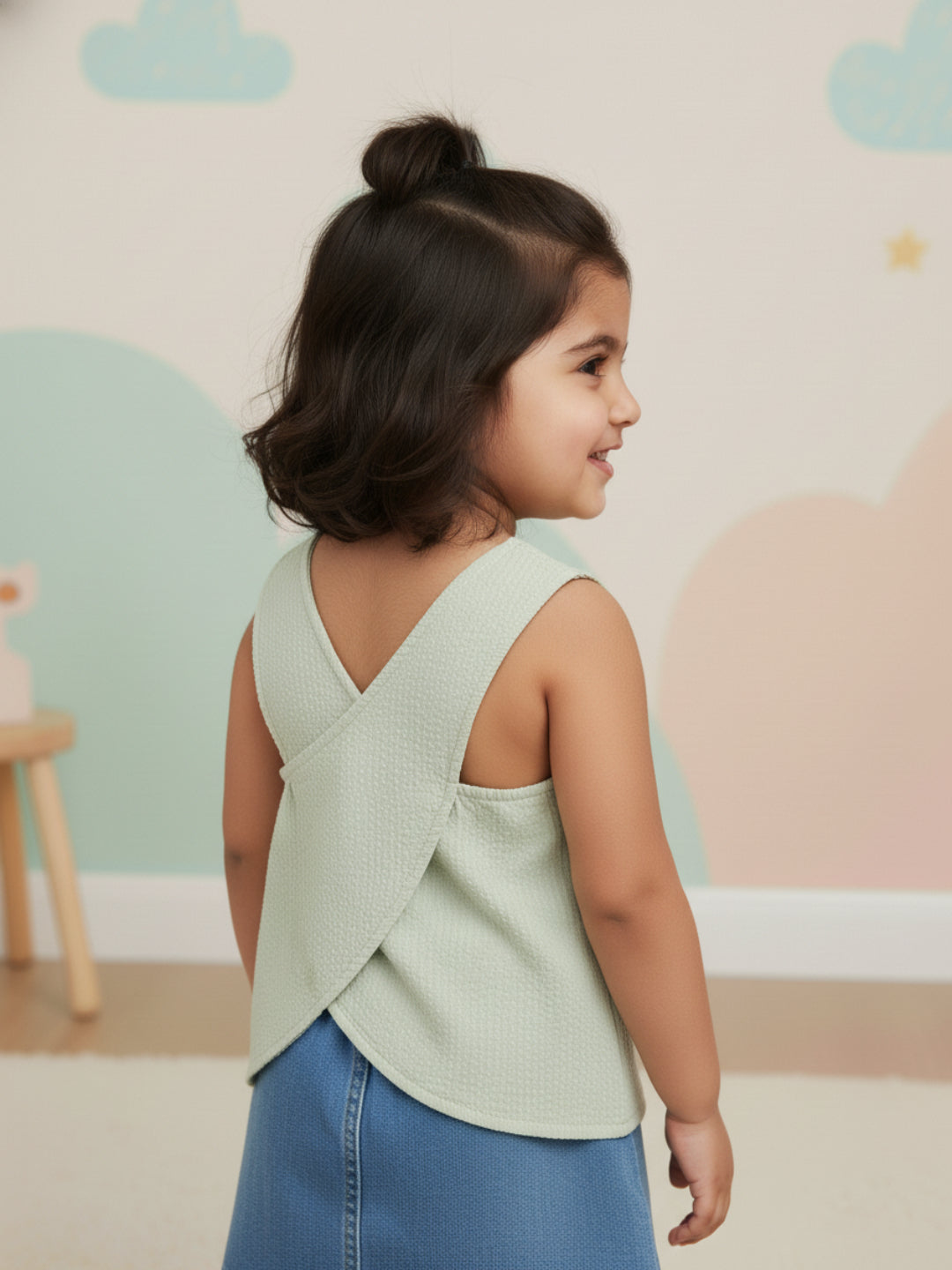 Pastel Green Cross Back Sleeveless Top for Girls