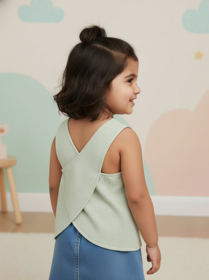 Pastel Green Cross Back Sleeveless Top for Girls