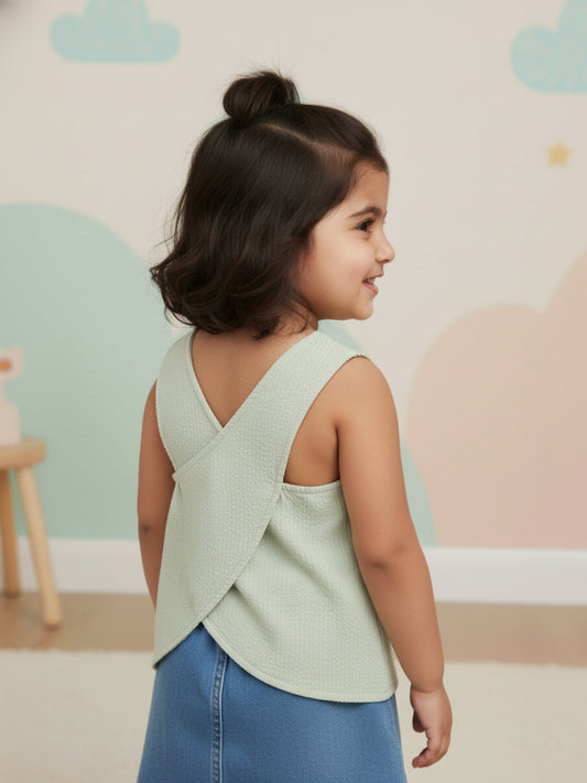 Pastel Green Cross Back Sleeveless Top for Girls