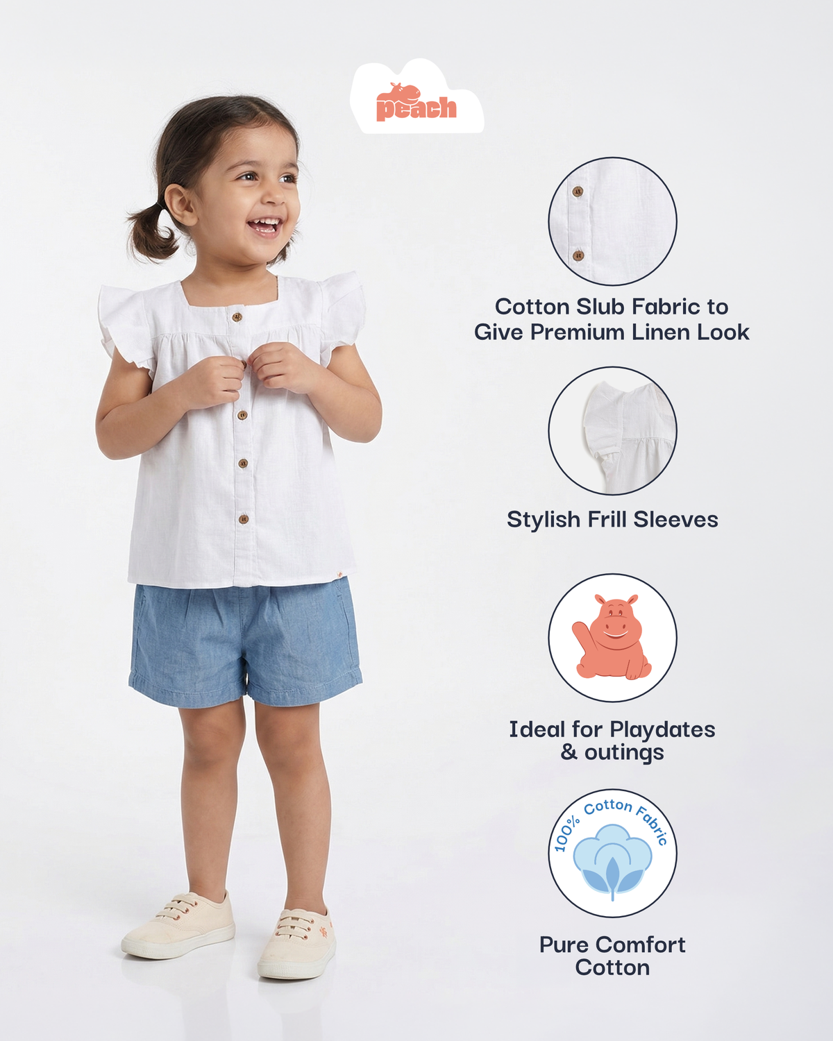 Linen Touch Top for Girls (White)