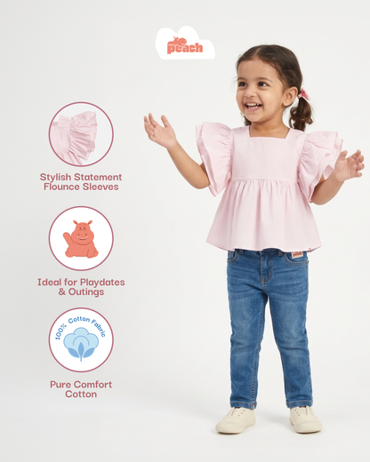 Checked Flounce Sleeve Top for Girls in Red