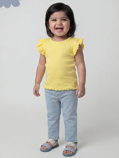 Lemon Yellow 100% Cotton Pointelle Short Frill Sleeves T-shirt