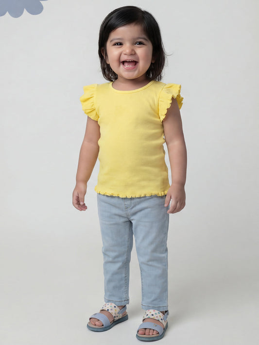 Lemon Yellow 100% Cotton Pointelle Short Frill Sleeves T-shirt