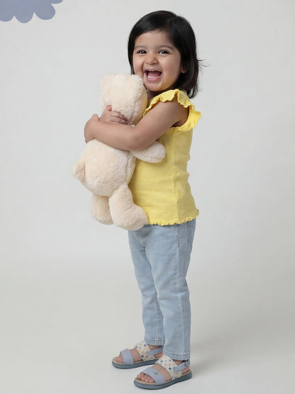 Lemon Yellow 100% Cotton Pointelle Short Frill Sleeves T-shirt