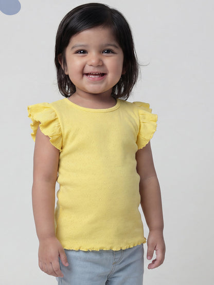 Lemon Yellow 100% Cotton Pointelle Short Frill Sleeves T-shirt