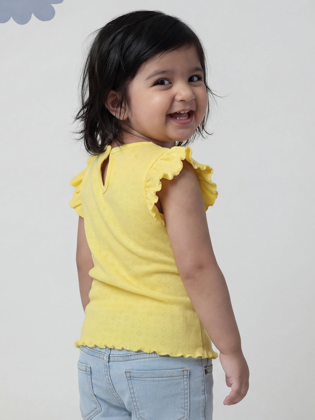 Lemon Yellow 100% Cotton Pointelle Short Frill Sleeves T-shirt