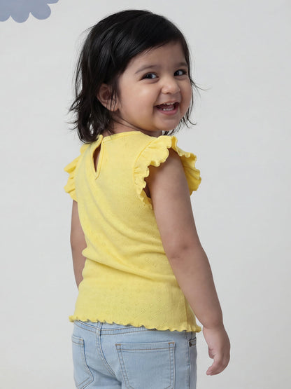 Lemon Yellow 100% Cotton Pointelle Short Frill Sleeves T-shirt