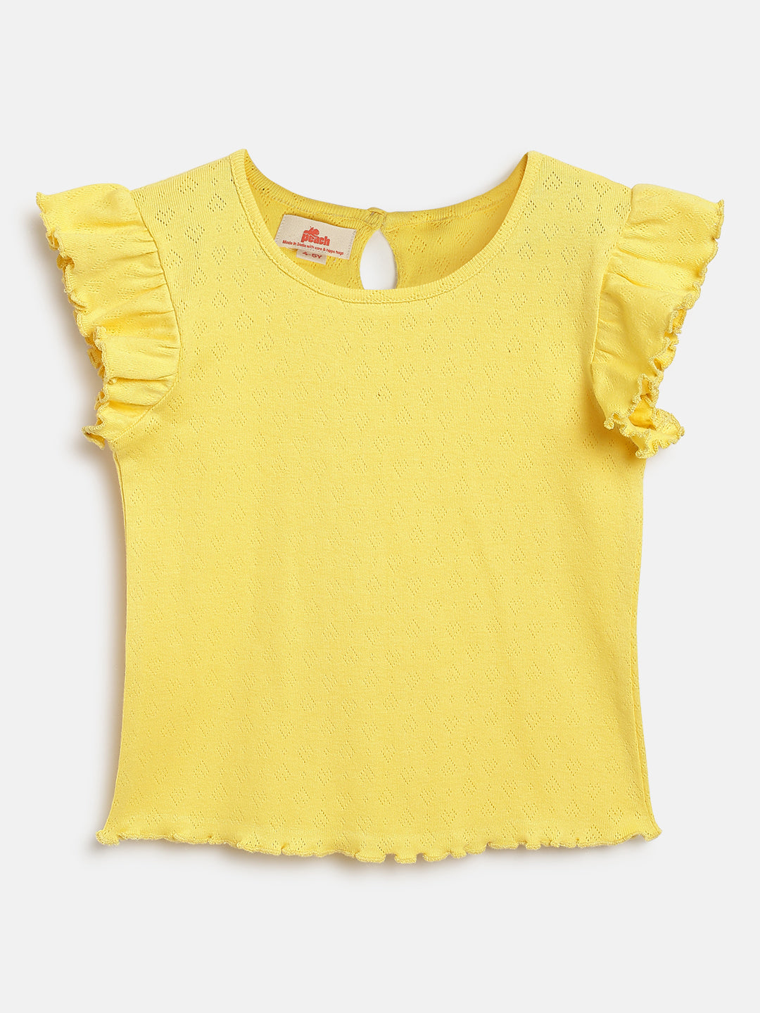 Lemon Yellow 100% Cotton Pointelle Short Frill Sleeves T-shirt