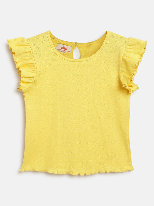 Lemon Yellow 100% Cotton Pointelle Short Frill Sleeves T-shirt