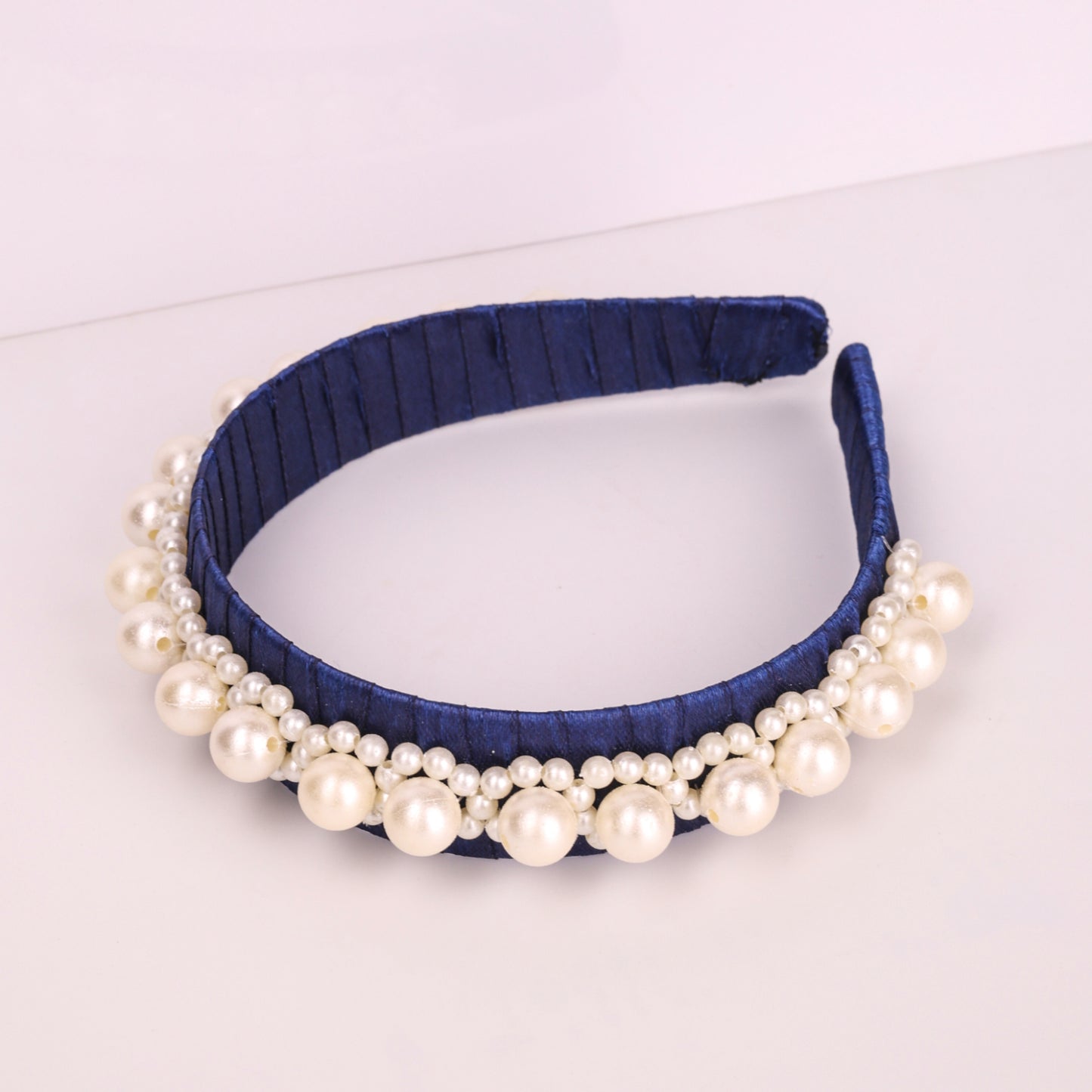 Choko Navy Satin Ribbon Hairband Embellished with Rows of Pearls -Hair Accessory for Girls