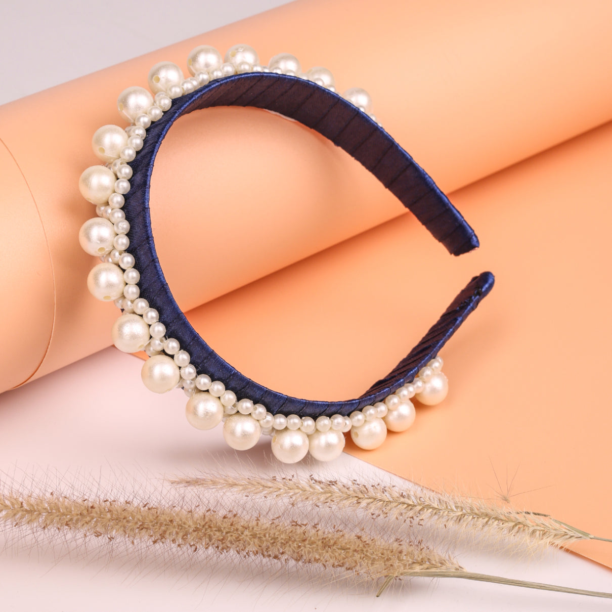 Choko Navy Satin Ribbon Hairband Embellished with Rows of Pearls -Hair Accessory for Girls