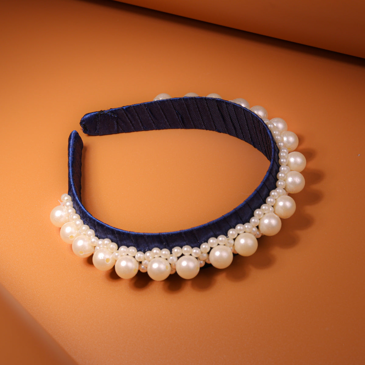Choko Navy Satin Ribbon Hairband Embellished with Rows of Pearls -Hair Accessory for Girls