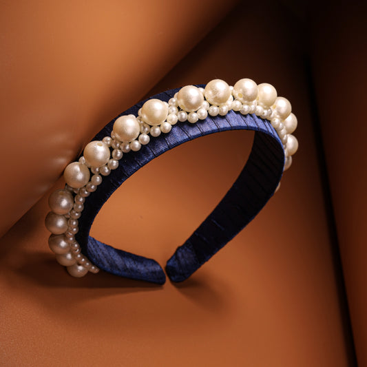 Choko Navy Satin Ribbon Hairband Embellished with Rows of Pearls -Hair Accessory for Girls