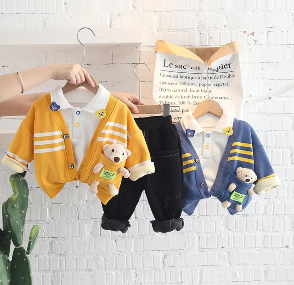 Baby Boy Full Fleece Jacket Set With Matching T-Shirt,Pants & Teddy Bear