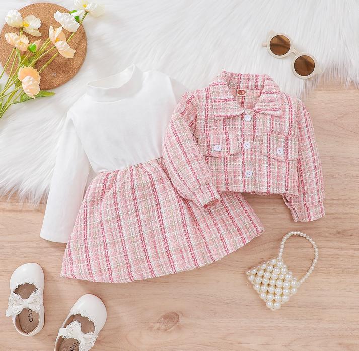 Baby Girl Trendy Checked Jacket With Matching Skirt Set