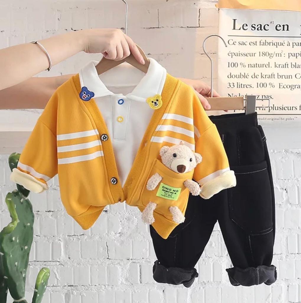 Baby Boy Full Fleece Jacket Set With Matching T-Shirt,Pants & Teddy Bear