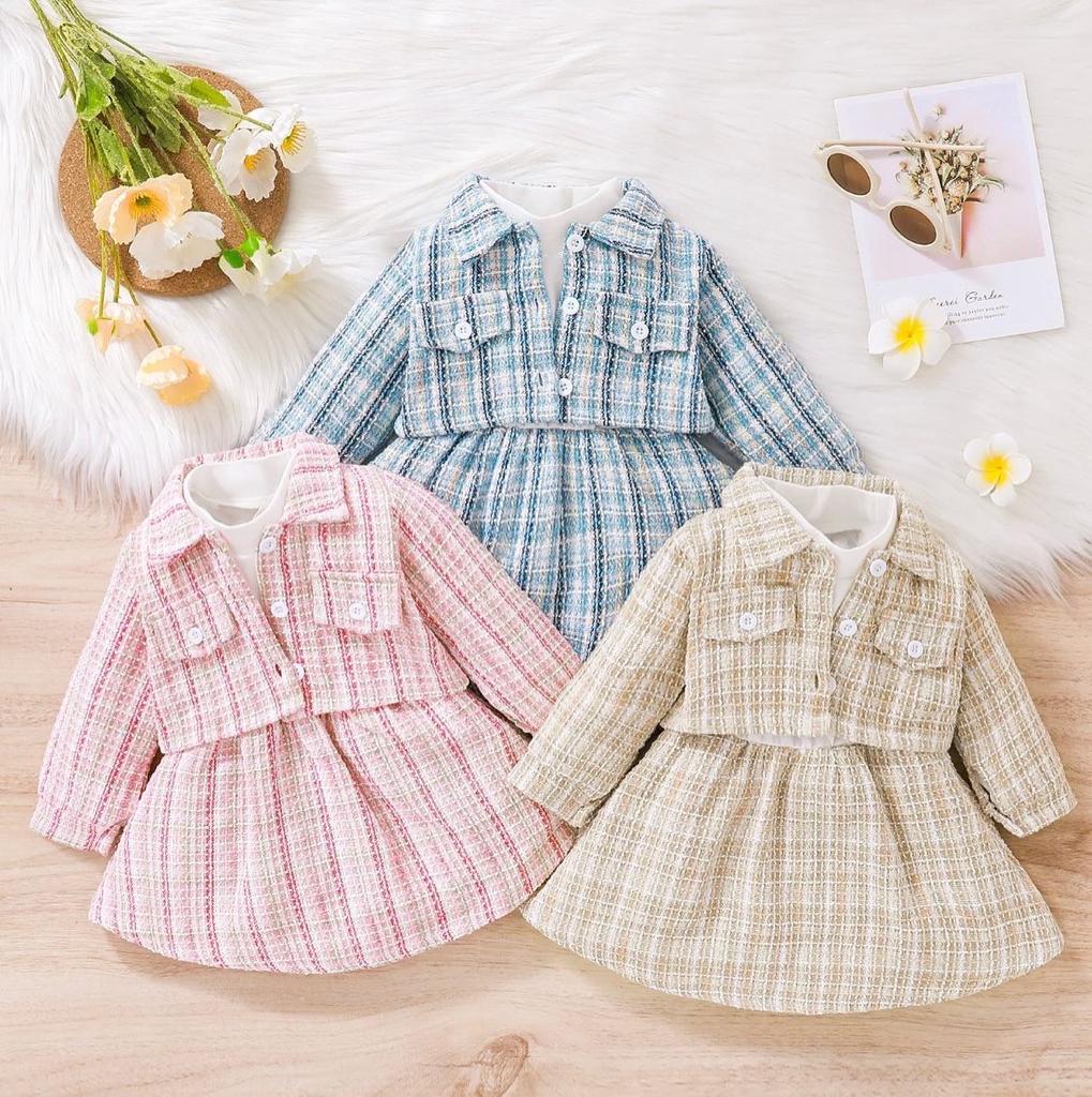 Baby Girl Trendy Checked Jacket With Matching Skirt Set